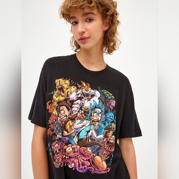 rick and morty Tops - Rick and Morty Adult Swim Men’s Large T-Shirt Black Aliens Graphic Front Cartoon